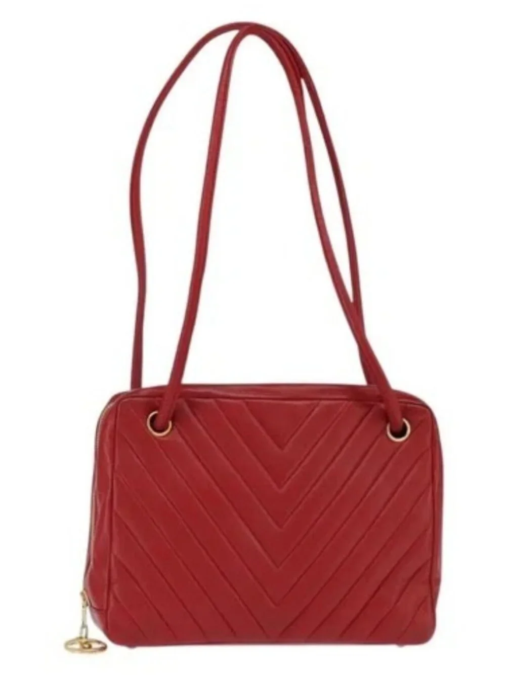 CHANEL V Stitch Shoulder Bag Lamb Skin Red Gold CC Auth bs30476